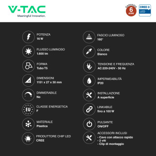 V-Tac VT-125 Plafoniera LED Lineare T5 16W SMD Chip CREE Linkabile
