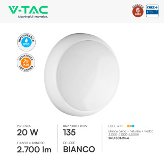 Plafoniera LED 20W SMD Chip CREE IP65 IK08 3in1 CCT V-Tac