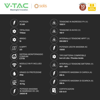 V-Tac Inverter Trifase Ibrido On-Grid / Off-Grid 15kW IP66