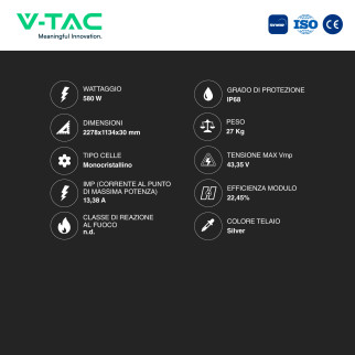 Pannelli Solari Fotovoltaici 580W TIER 1 TOPCon IP68 V-Tac Jinko