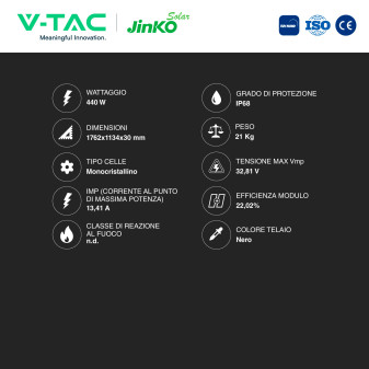 Pannelli Fotovoltaici 440W TIER 1 TOPCon IP68 V-Tac Jinko