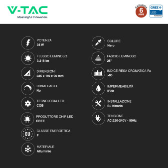 V-Tac VT-11135 Faretto LED da Binario Track Light COB Chip CREE