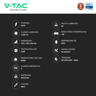 V-Tac VT-11136 Faretto LED da Binario Track Light COB Chip CREE
