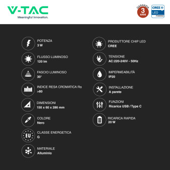 V-Tac VT-88064 Lampada LED da Muro 3W SMD Applique da Lettura
