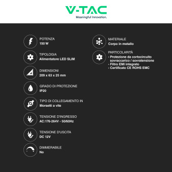 V-Tac VT-13150-S Alimentatore Led Slim 150W 12V 12.5A Per Uso Interno