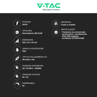V-Tac VT-13200-S Alimentatore Led Slim 200W 12V 16,5A Per Uso Interno
