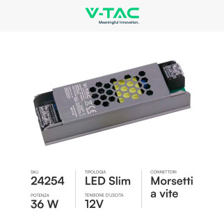V-Tac VT-13036-S Alimentatore Led Slim 36W 12V 3A Per Uso Interno