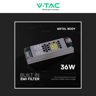 V-Tac VT-13036-S Alimentatore Led Slim 36W 12V 3A Per Uso Interno