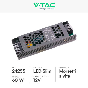 V-Tac VT-13060-S Alimentatore Led Slim 60W 12V 5A Per Uso Interno