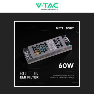 V-Tac VT-24062-S Alimentatore Led Slim 60W 24V 2,5A Per Uso Interno