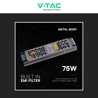 V-Tac VT-24075-S Alimentatore Led Slim 75W 24V 3,1A Per Uso Interno