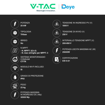 V-Tac Deye Inverter Trifase On-Grid 25kW IP65 CEI 0-21