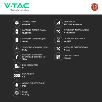 V-Tac VT-12040-1 Batteria BMS LiFePO4 51,2V 200Ah 10,24 kWh