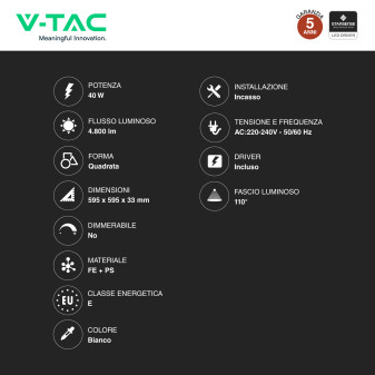 V-Tac VT-61042CCT 10 Pannelli LED SMD Quadrato 60x60 40W