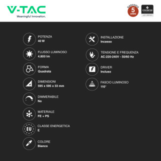 V-Tac VT-61042CCT 10 Pannelli LED SMD Quadrato 60x60 40W