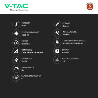 V-Tac VT-61042 10 Pannelli LED SMD Quadrato 60x60 40W