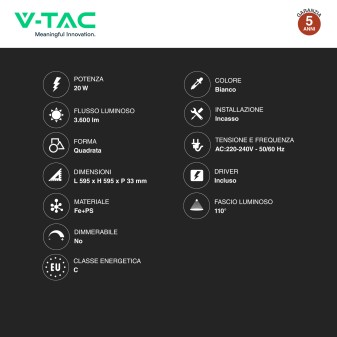 V-Tac VT-61020 Pannello LED Quadrato 60x60 20W SMD a Incasso