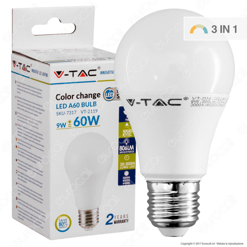 V-Tac VT-2119 Lampadina LED E27 9W Bulb A60 3Step Color Changing -