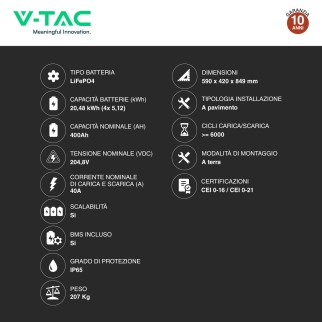V-Tac Kit 4 Batterie BMS Stack LiFePO4 Fotovoltaico CEI 0-21 e 0-16