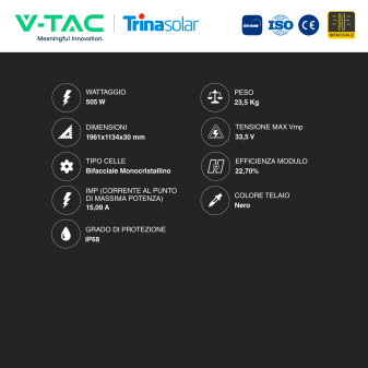 V-Tac Pannelli Fotovoltaici Trina Solar 505W TIER 1 Bifacciali