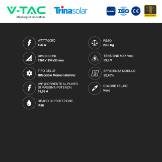 V-Tac Pannelli Fotovoltaici Trina Solar 505W TIER 1 Bifacciali