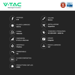 V-Tac VT-60006CCT Mini Pannello LED SMD Rotondo 6W Chip CREE CCT