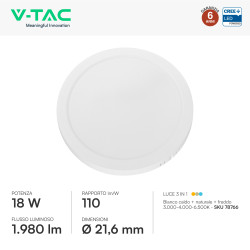 V-Tac VT-61018CCT Mini Pannello LED SMD Rotondo 18W Chip CREE CCT