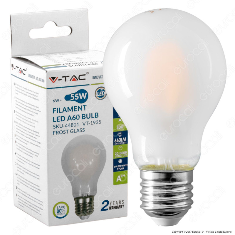 V-Tac VT-1935 Lampadina LED E27 6W Bulb A60 Frost Cross Filament -