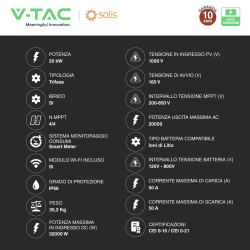 V-Tac Inverter Trifase Ibrido On/Off-Grid 20kW CEI 0-21 0-16