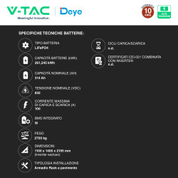 V-Tac Deye Armadio Rack 5 Accumulatori BMS LiFePO4 261 kWh + Inverter
