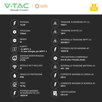 V-Tac Solis Inverter Trifase On-Grid / Off-Grid 10kW IP66