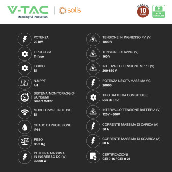 V-Tac Inverter Trifase Ibrido On/Off-Grid 20kW CEI 0-21 0-16