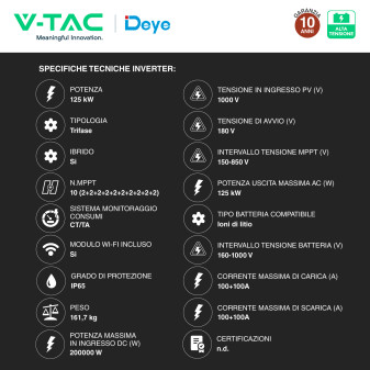 V-Tac Deye Armadio Rack 5 Accumulatori BMS LiFePO4 261 kWh + Inverter