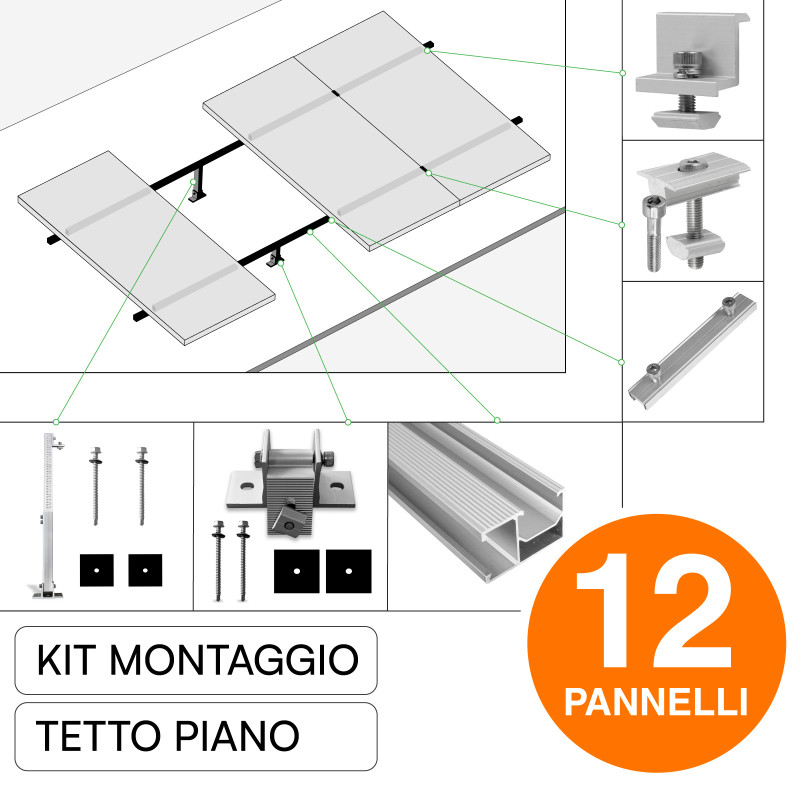Kit Struttura per Montaggio 12 Pannelli Solari su Tetto Piano