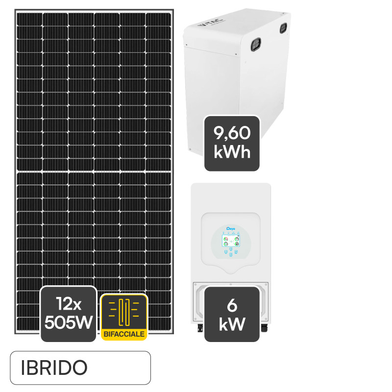 Set 12 Pannelli Solari 505W + Inverter 6kW LCD + Batteria