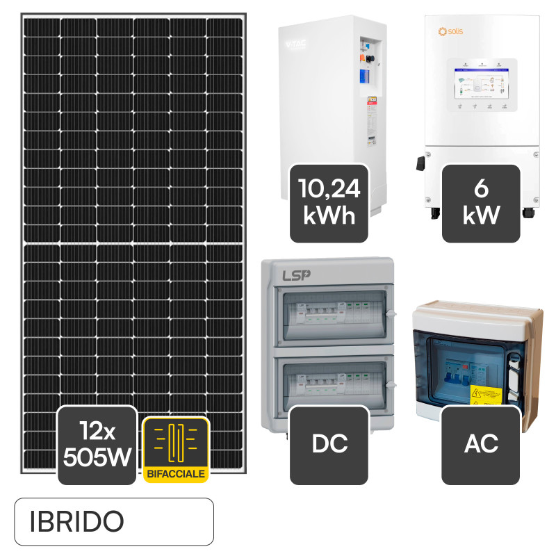 12 Pannelli Solari 505W + Inverter 6kW + Batteria V-Tac