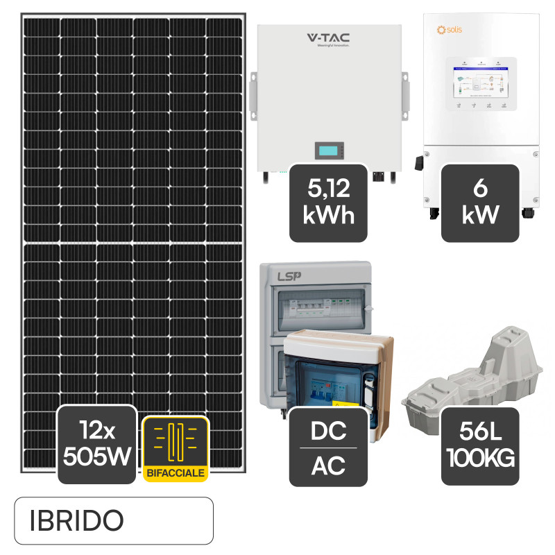 Set 12 Pannelli 505W + Inverter 6kW + Batteria + Zavorre + DC/AC