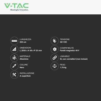 V-Tac Binario in Alluminio Nero per Track Lights Magnetiche 48V