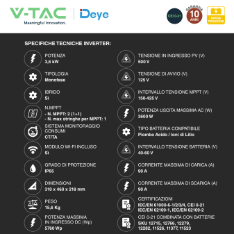 V-Tac Deye Inverter Monofase Ibrido On-Grid / Off-Grid 3,6kW IP65