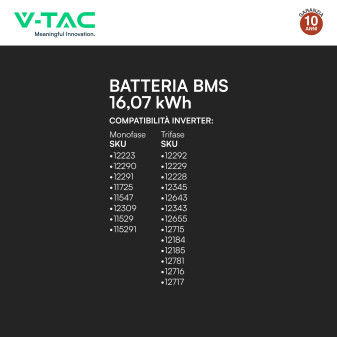 V-Tac Batteria BMS LiFePO4 51,2V 314Ah 16,07kWh Garanzia 10 Anni