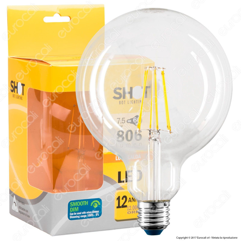 Bot Lighting Lampadina LED E27 7,5W Globo G125 Filamento Dimmerabile