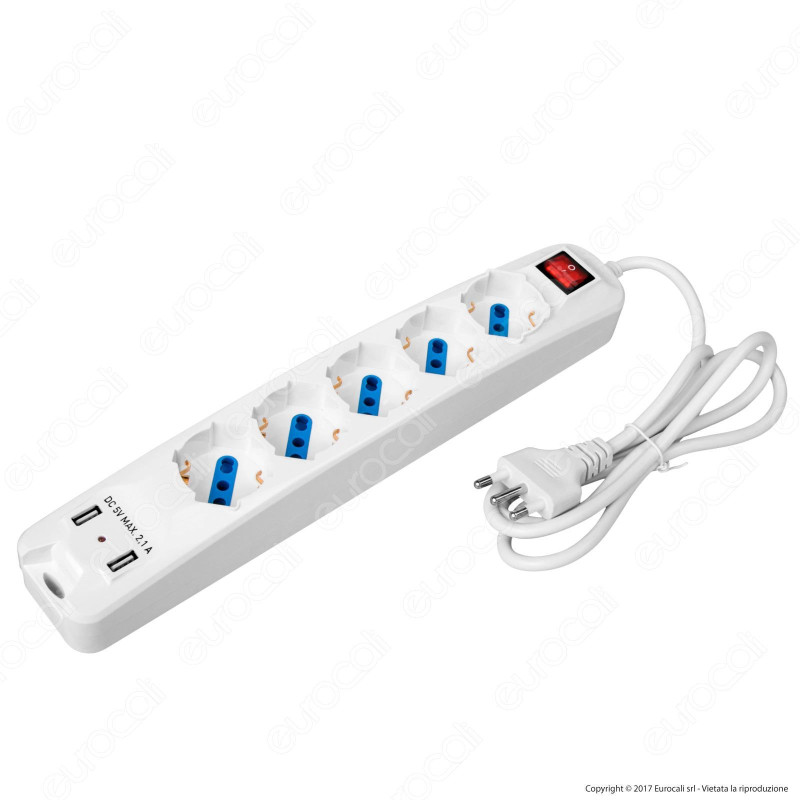 FAI Multipresa 5 Posti e 2 Prese USB Colore Bianco con Interruttore -