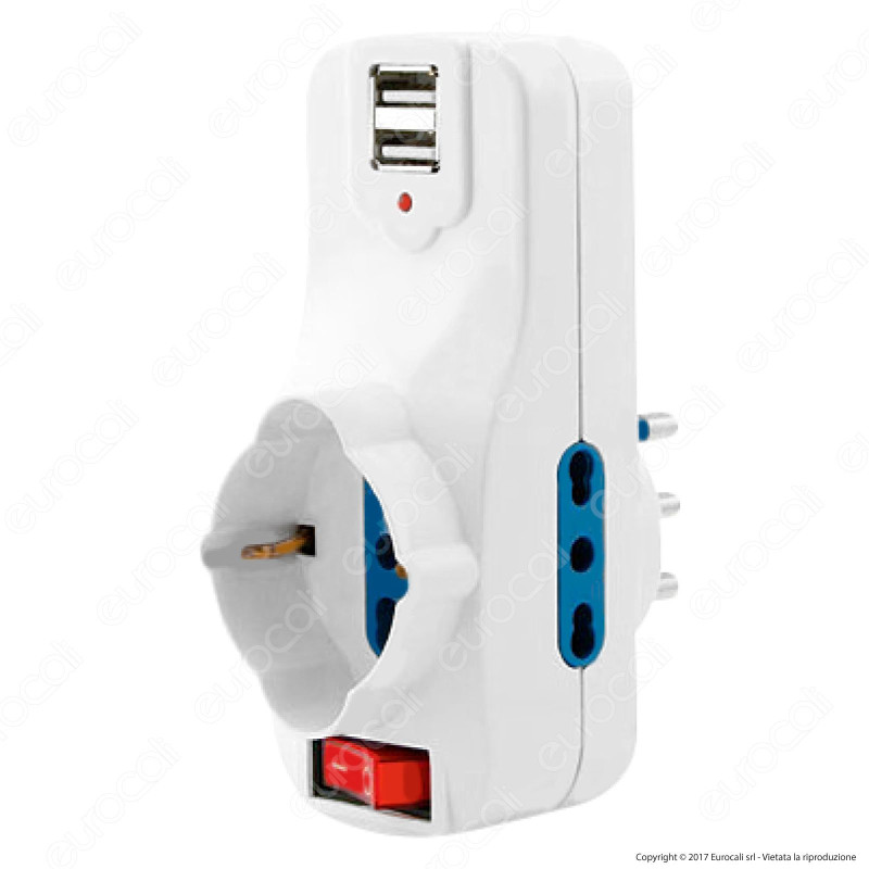 FAI Adattatore Triplo con Schuko e 2 Uscite USB Colore Bianco con