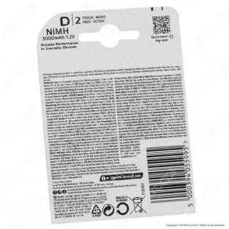 Duracell Ultra Torcia D 3000mAh Pile Ricaricabili - Blister 2 Batterie