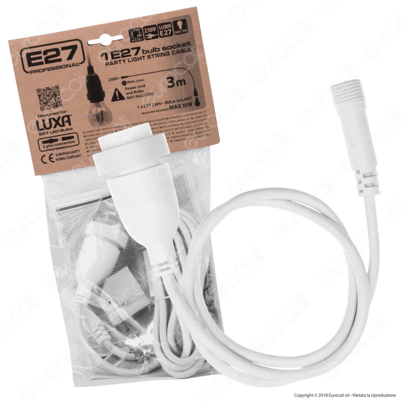 Cavo Portalampada E27 con Connettore Maschio 2 Pin Colore Bianco IP44