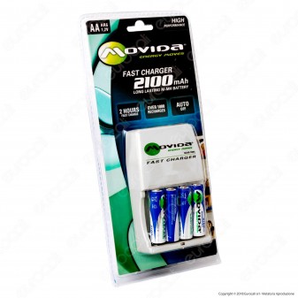 Movida Fast Charger Caricabatterie + 4 Pile Stilo AA 2100mAh