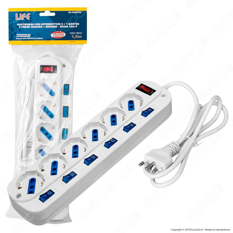 Life Multipresa 6 Posti Colore Bianco con Interruttori Singoli e