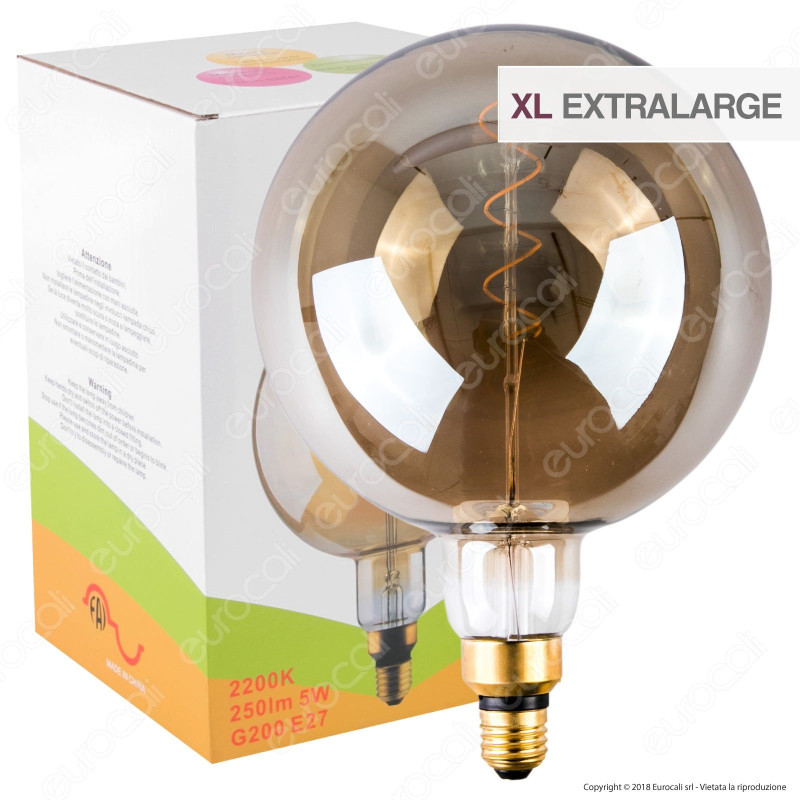 FAI Lampadina E27 Filamento LED a Spirale 5W Globo G200 con Vetro