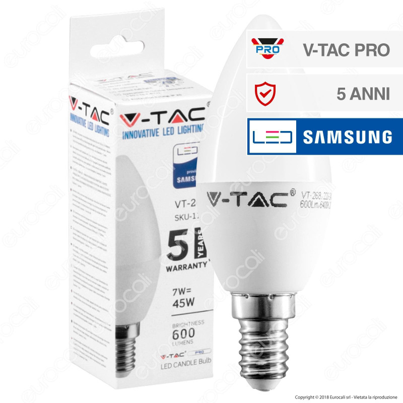 V-Tac PRO VT-268 Lampadina LED E14 7W Candela Chip Samsung - SKU 111