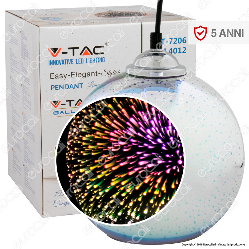V-Tac VT-7206 Lampadario a Sospensione in Vetro Effetto 3D con Portalampada per Lampadine E27 - SKU 40121